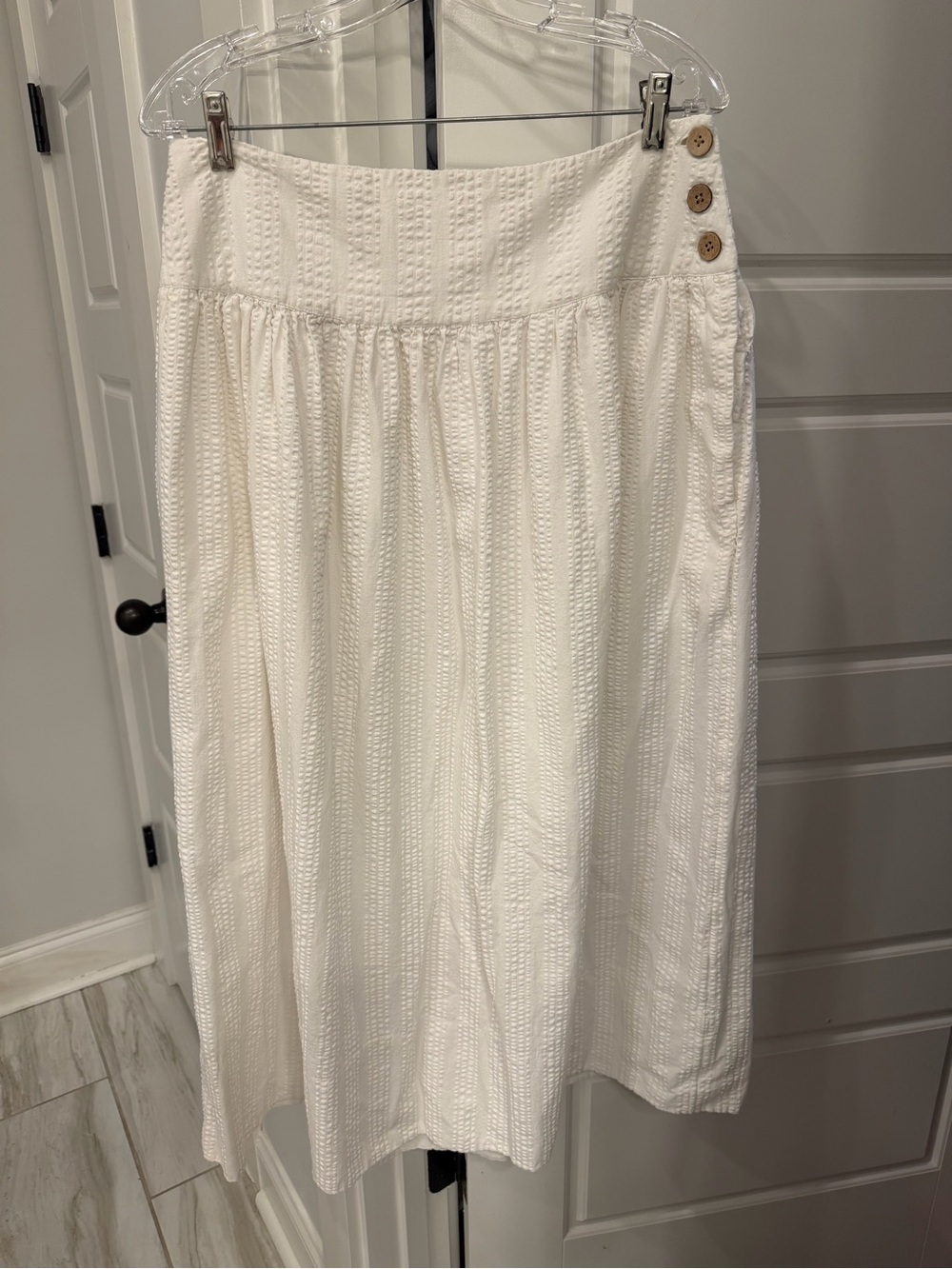 Free People White Textured Midi Skirt with Side Button Detail